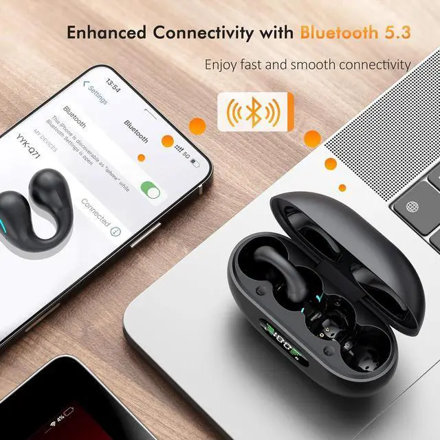Alt view image 4 of 7 - IHDAPP Open Ear Clip Wireless Earbuds Bluetooth 5.3, Sports Earphones Built-in Microphone with Earhooks & Ear Hook, Wireless Charging Case & Display, Waterproof Fitness Headphones for Running