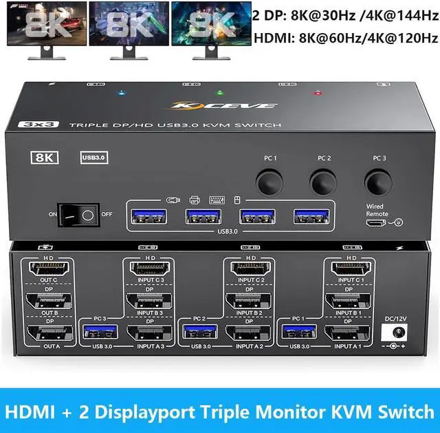 Main image of IHDAPP KVM Switch 3 Monitors 3 Computers 8K@60Hz, HDMI + 2* Displayport Triple Monitor KVM Switch with 4 USB 3.0 Ports for Keyboard Mouse Printer, Wired Remote, USB Cable and Power Adapter Included
