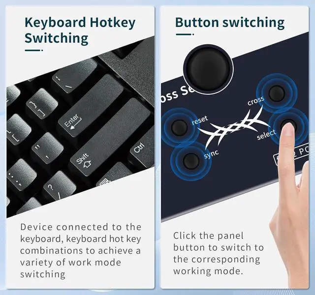 Alt view image 4 of 7 - IHDAPP USB Cross selector, 2 Computer Keyboard Mouse Switch,3 Working Modes: Cross(Toggle Without Buttons),Synchronized, Select Mode.USB KVM switcher, USB switcher Keyboard Mouse Switch, hotkey Switch