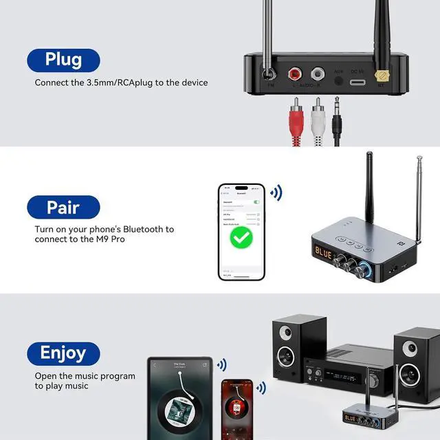 Alt view image 5 of 7 - IHDAPP BT 5.1 Bluetooth Audio Receiver Transmitter 4-in-1 (with Remote) for Home Stereo TV, HiFi Wireless Audio Adapter with 3.5mm AUX,RCA,6.5mm Mic Connection, FM Radio, Low Latency NFC Audio Adapter