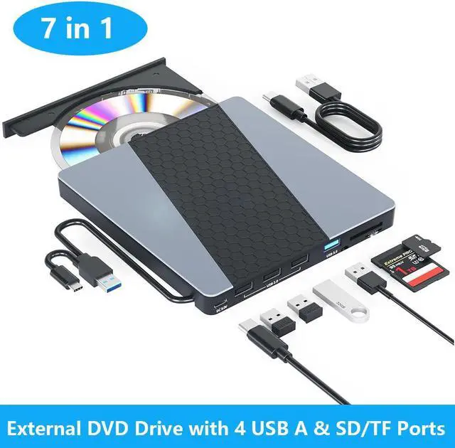 Main image of IHDAPP External CD DVD Drive for Laptop, [7 in 1] Portable CD Player DVD Burner with 4 Ports  USB A & SD/TF Card Reader, Support Faster Transfer Speed CD 8X DVD 24x for Windows 11/10/7 MacOS and More