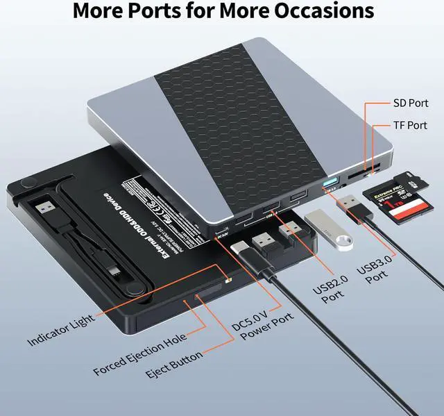 Alt view image 3 of 7 - IHDAPP External CD DVD Drive for Laptop, [7 in 1] Portable CD Player DVD Burner with 4 Ports  USB A & SD/TF Card Reader, Support Faster Transfer Speed CD 8X DVD 24x for Windows 11/10/7 MacOS and More