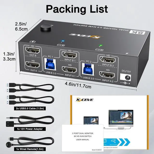 Alt view image 7 of 7 - IHDAPP Dual Monitor HDMI KVM Switch 2 PC 2 Monitors 8K@60Hz 4K@144Hz, USB 3.0 HDMI KVM Switch with 4 USB 3.0 Ports for Keyboard Mouse Printer, with Desktop Controller, 12V Power Adapter and USB Cables