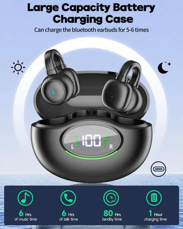 Alt view image 2 of 7 - IHDAPP Ear Clip Earbuds, Bluetooth 5.3 Wireless Bluetooth Headphones with 4 HD Mic and 42 Hours Reproduction Dual LED Display Charging Case, IPX7 Waterproof Sports Wireless Earbuds