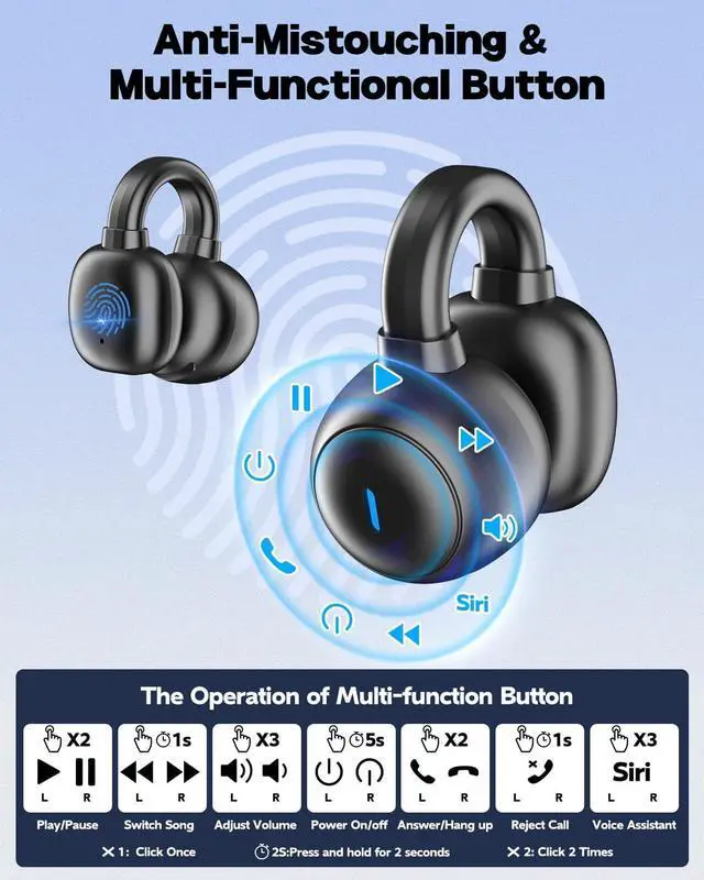 Alt view image 3 of 7 - IHDAPP Ear Clip Earbuds, Bluetooth 5.3 Wireless Bluetooth Headphones with 4 HD Mic and 42 Hours Reproduction Dual LED Display Charging Case, IPX7 Waterproof Sports Wireless Earbuds