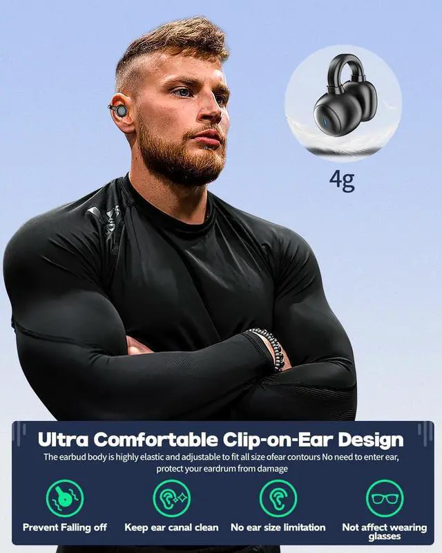Alt view image 4 of 7 - IHDAPP Ear Clip Earbuds, Bluetooth 5.3 Wireless Bluetooth Headphones with 4 HD Mic and 42 Hours Reproduction Dual LED Display Charging Case, IPX7 Waterproof Sports Wireless Earbuds