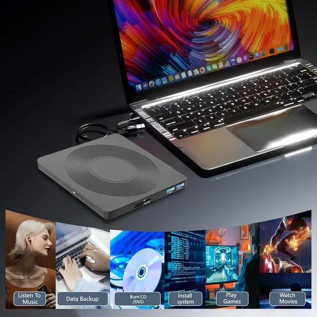 Alt view image 6 of 7 - IHDAPP [5-in-1] External CD DVD Drive with 2 USB Ports and 1 TF 1 SD Card Slots, USB 3.0 Portable CD/DVD Disk Drive Player Burner Reader Writer for Laptop Desktop PC Windows 11/10/8/7/XP Linux Mac OS