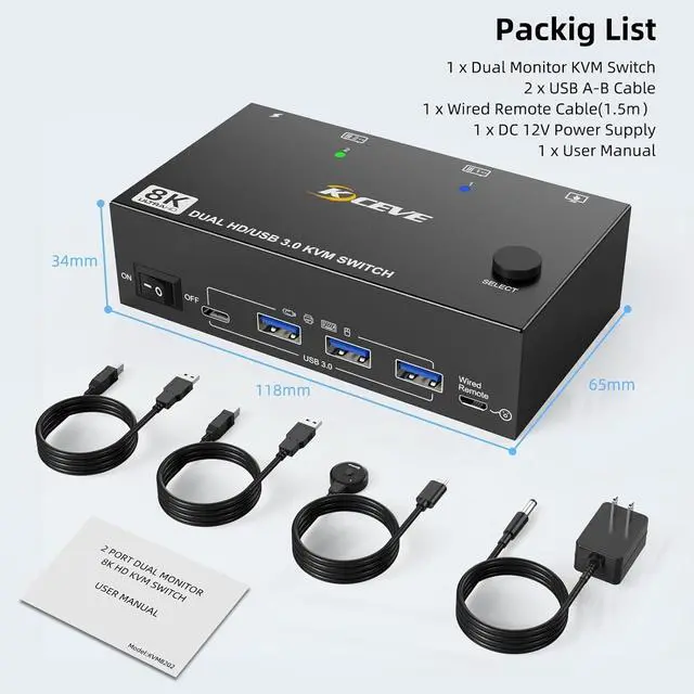 Alt view image 7 of 7 - IHDAPP KVM Switch 2 Monitors 2 Computers, Dual Monitor KVM Switches HDMI Support 8K@60Hz 4K@120Hz, for 2 Pcs and 4 USB 3.0 Devices,Support Extended and Copy Mode, with Wired Remote and Power adapter