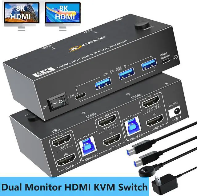 Main image of IHDAPP KVM Switch 2 Monitors 2 Computers, Dual Monitor KVM Switches HDMI Support 8K@60Hz 4K@120Hz, for 2 Pcs and 4 USB 3.0 Devices,Support Extended and Copy Mode, with Wired Remote and Power adapter