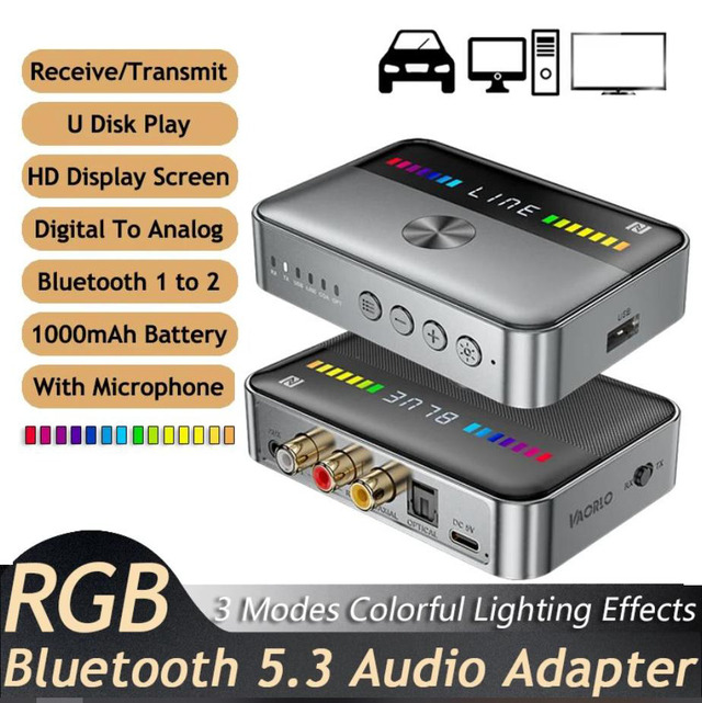 Bluetooth 5.0 Transmitter Receiver Wireless 3.5mm Adapter – NFC, AUX To 2 RCA, With Remote, 500mAh Battery