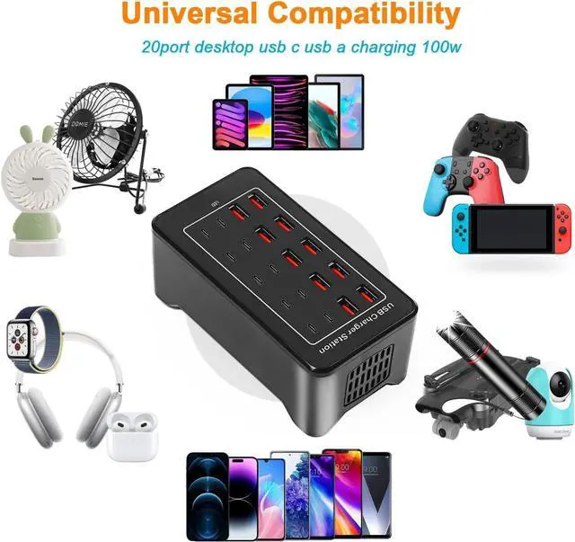 Alt view image 2 of 7 - IHDAPP [10 USB A + 10 USB C] USB C Charger Block 100W USB C Charging Station, 20 Port (20A) Multiple Charging Hub Desktop 20-Ports USB Charger Compatible for Cell Phone, Tablets, Office Home Use