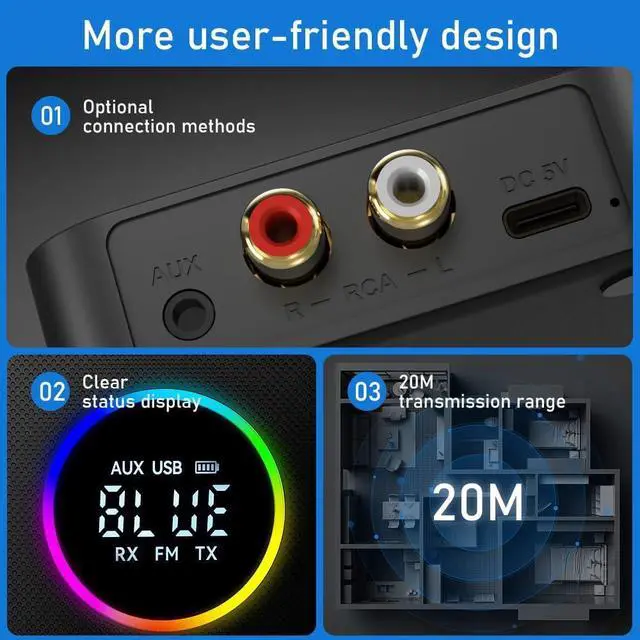Alt view image 3 of 7 - IHDAPP Bluetooth 5.4 Receiver for HiFi, 5.4 Bluetooth Audio Adapter for Streaming Music with USB, RCA, 3.5 mm AUX, 2-in-1 Bluetooth 5.4 Transmitter and Receiver for Home Stereo/Speaker/Car/TV/Tablet