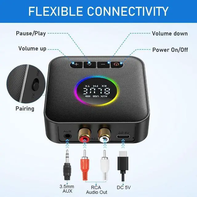 Alt view image 6 of 7 - IHDAPP Bluetooth 5.4 Receiver for HiFi, 5.4 Bluetooth Audio Adapter for Streaming Music with USB, RCA, 3.5 mm AUX, 2-in-1 Bluetooth 5.4 Transmitter and Receiver for Home Stereo/Speaker/Car/TV/Tablet