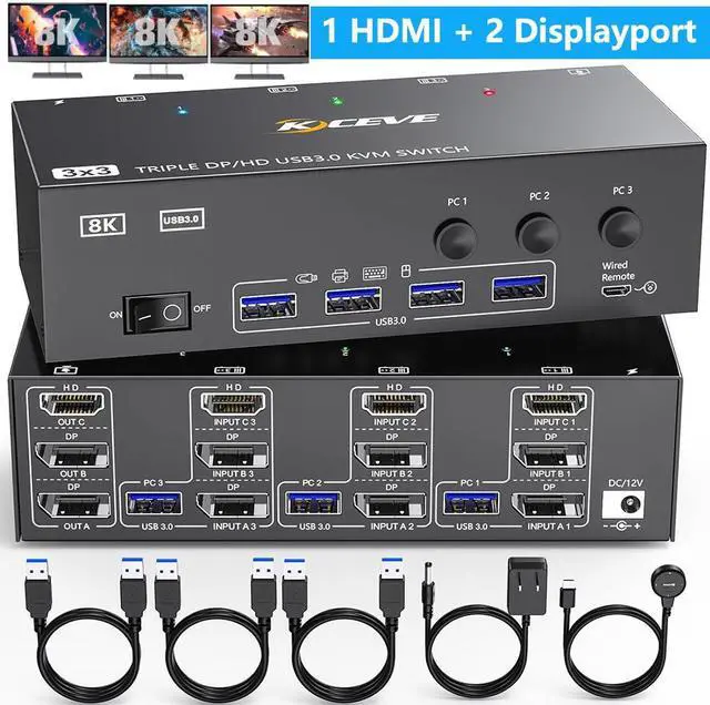 Main image of IHDAPP 4K@144Hz HDMI + 2 DP KVM Switch 3 Monitors 3 Computers, Displayport USB 3.0 KVM Swtiches 8K@30Hz, HDMI + 2 Displayport Triple Monitor KVM Switch with 4 USB 3.0 Hub Keyboard Mouse Printer