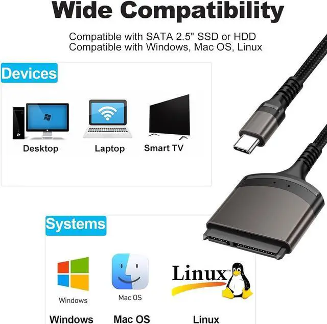Alt view image 2 of 7 - IHDAPP SATA to USB C Adapter Cable, USB-C to 2.5" SATA III Hard Driver Adapter - Aluminum Shell Nylon Cord External Converter USB C to SATA Cable for SSD/HDD Data Transfer giyqxHw
