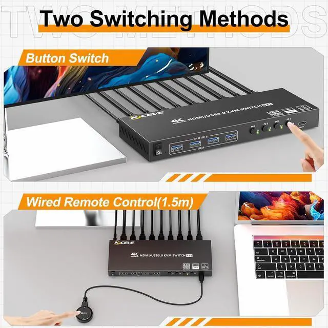 Alt view image 6 of 7 - IHDAPP 4 in 1 Out HDMI KVM Switch 4 Computers 4K@60Hz, Simulation EDID, 4 Port HDMI USB 3.0 KVM Switches for 4 PC Share 1 Monitor and Keyboard Mouse Printer, with Wired Remote, 12V Power Adapter