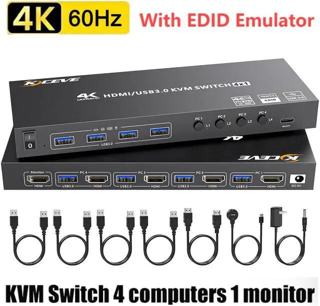 Main image of IHDAPP 4 in 1 Out HDMI KVM Switch 4 Computers 4K@60Hz, Simulation EDID, 4 Port HDMI USB 3.0 KVM Switches for 4 PC Share 1 Monitor and Keyboard Mouse Printer, with Wired Remote, 12V Power Adapter