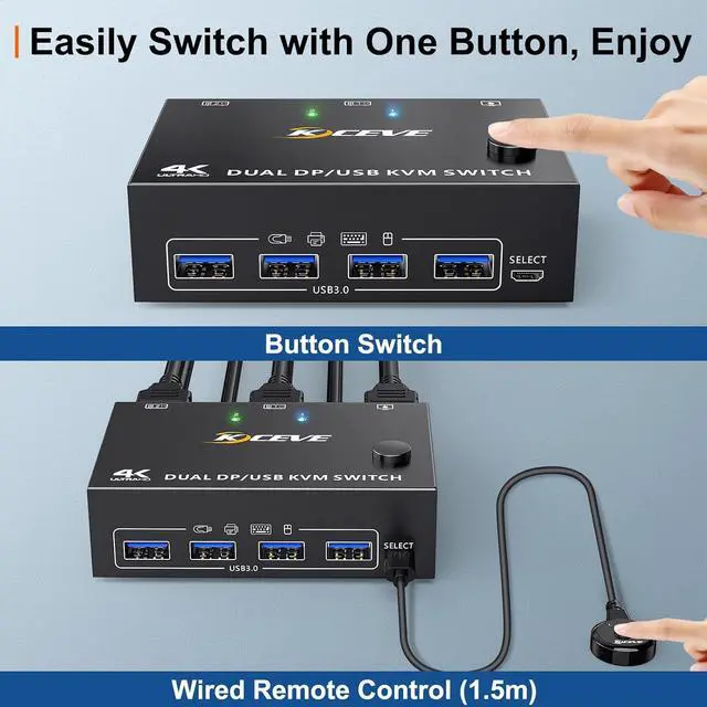 Alt view image 5 of 7 - IHDAPP Displayport KVM Switch 2 Monitors 2 Computers 8K@30Hz 4K@144Hz, USB 3.0 Dual Monitor KVM Switches Displayport 1.4 2 in 2 Out with 4 USB 3.0 Port for USB Device,Wired Remote and 4 Cable Included