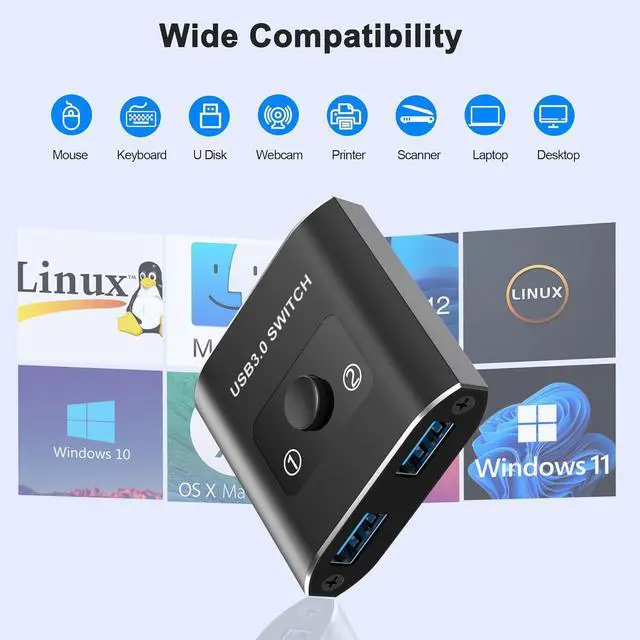 Alt view image 2 of 7 - IHDAPP USB 3.0 Switch, Bi-Directional USB Switcher, USB Splitter 1 in 2 Out/2 in 1 Out, Aluminum USB Switch 2 Computers Share 1 Device for Printer, Mouse, Keyboard, USB Switch with 2 USB 3.0 Cables