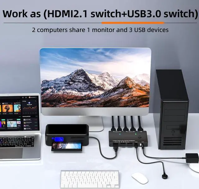 Alt view image 2 of 7 - IHDAPP 2 Port HDMI KVM Switch 8K@60Hz 4K@120Hz, USB 3.0 HDMI 2.1 KVM Switch for 2 Computers Share 1 Monitor and 3 USB Devices, HDCP 2.3,HDR 10, with Wired Remote,12V Power Adapter and 2 USB 3.0 Cables