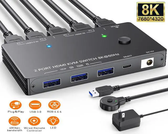 Main image of IHDAPP 2 Port HDMI KVM Switch 8K@60Hz 4K@120Hz, USB 3.0 HDMI 2.1 KVM Switch for 2 Computers Share 1 Monitor and 3 USB Devices, HDCP 2.3,HDR 10, with Wired Remote,12V Power Adapter and 2 USB 3.0 Cables