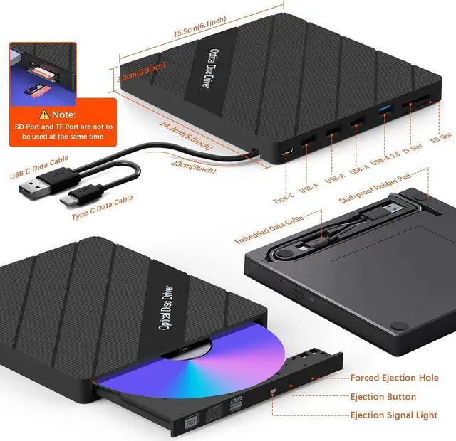 Alt view image 7 of 7 - IHDAPP 8 in 1 External CD/DVD Drive for Laptop, USB 3.0 Portable External CD Burner Reader Writer with 4 USB Ports/2 TF SD Slots/1 Type C Port, Disc Optical Drive for Laptop/PC/Mac/Windows/Linux OS