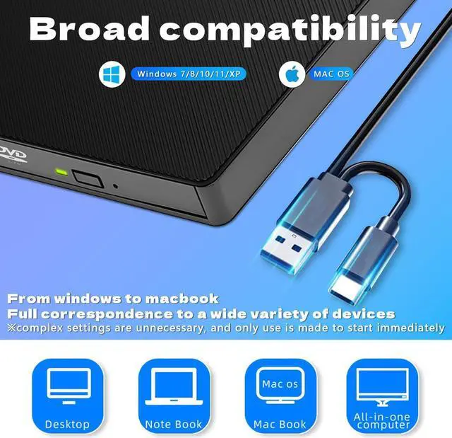 Alt view image 5 of 7 - IHDAPP External DVD CD +/-RW Drive, TYPE C & USB 3.0 Portable CD/DVD Player Burner Writer Reader Optical CD ROM Disk Drive, External CD DVD Drive for Laptop Desktop, Linux Windows 11/10/8/7/XP Mac OS