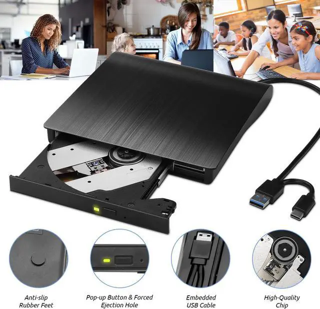 Alt view image 5 of 7 - IHDAPP External CD DVD Drive, Portable CD DVD +/-Rw Reader Disk Drive Slim DVD/CD Burner Player, USB 3.0 and Type-C Optical DVD Drive ROM Burner Rewriter for Laptop PC Windows 10/8/7/XP/Linux, MacOS