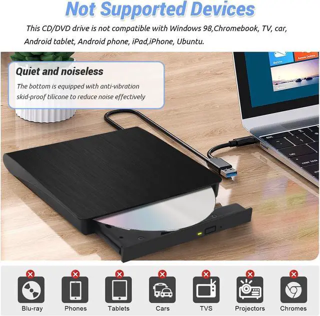 Alt view image 4 of 7 - IHDAPP External CD DVD Drive, Portable CD DVD +/-Rw Reader Disk Drive Slim DVD/CD Burner Player, USB 3.0 and Type-C Optical DVD Drive ROM Burner Rewriter for Laptop PC Windows 10/8/7/XP/Linux, MacOS