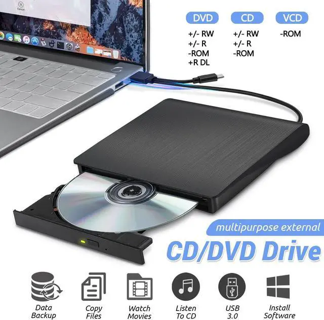 Alt view image 2 of 7 - IHDAPP External CD DVD Drive, Portable CD DVD +/-Rw Reader Disk Drive Slim DVD/CD Burner Player, USB 3.0 and Type-C Optical DVD Drive ROM Burner Rewriter for Laptop PC Windows 10/8/7/XP/Linux, MacOS