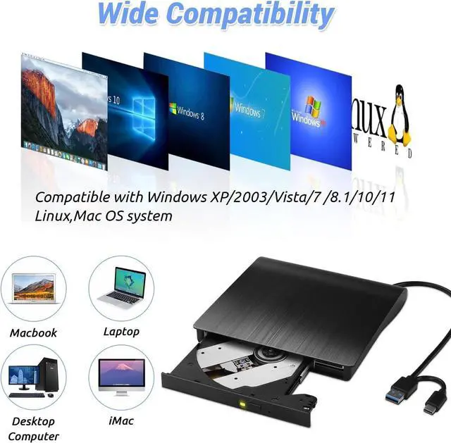 Alt view image 6 of 7 - IHDAPP External CD DVD Drive, Portable CD DVD +/-Rw Reader Disk Drive Slim DVD/CD Burner Player, USB 3.0 and Type-C Optical DVD Drive ROM Burner Rewriter for Laptop PC Windows 10/8/7/XP/Linux, MacOS