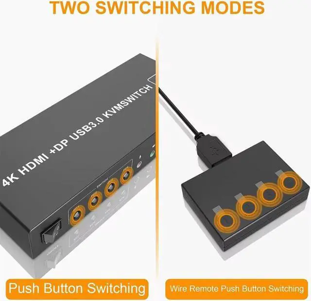 Alt view image 7 of 7 - IHDAPP 4K@60Hz Displayport + HDMI Dual Monitor KVM Switch for 4 PCs, USB 3.0 HDMI + DP KVM Switch 2 Monitors 4 Computers, with Audio Microphone Output and 3 USB 3.0 Ports, with Wired Remote Controller