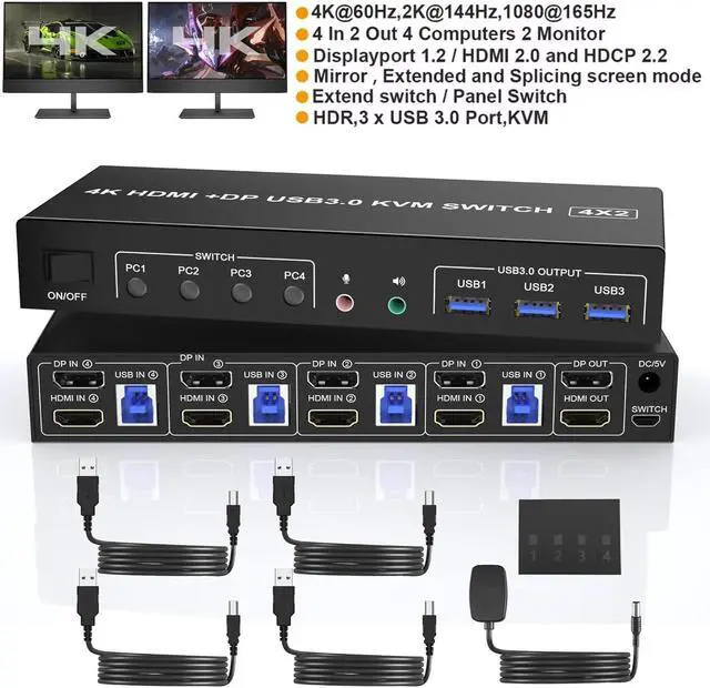 Main image of IHDAPP 4K@60Hz Displayport + HDMI Dual Monitor KVM Switch for 4 PCs, USB 3.0 HDMI + DP KVM Switch 2 Monitors 4 Computers, with Audio Microphone Output and 3 USB 3.0 Ports, with Wired Remote Controller