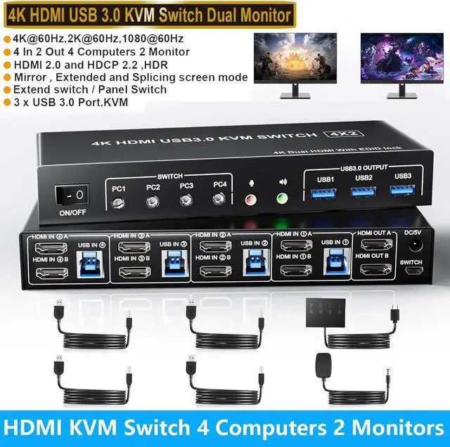 Main image of IHDAPP USB 3.0 Dual Monitors HDMI KVM Switch 4 Computers, Supports EDID, 4K@60Hz HDMI Dual Monitor Switch for 4 PCs with 3 USB 3.0 and Audio Microphone Ports, 4 Port HDMI KVM Switch for 4PC 2 Monitors