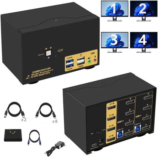 Main image of IHDAPP 2 Port Displayport USB 3.0 KVM Switch for 2 PCs 4 Monitors 4K@144Hz 8K@30Hz, 2 in 4 Out DP KVM for 2 Computers, PC Screen Keyboard Mouse Peripheral Audio Sharing Selector Box, with All Cables