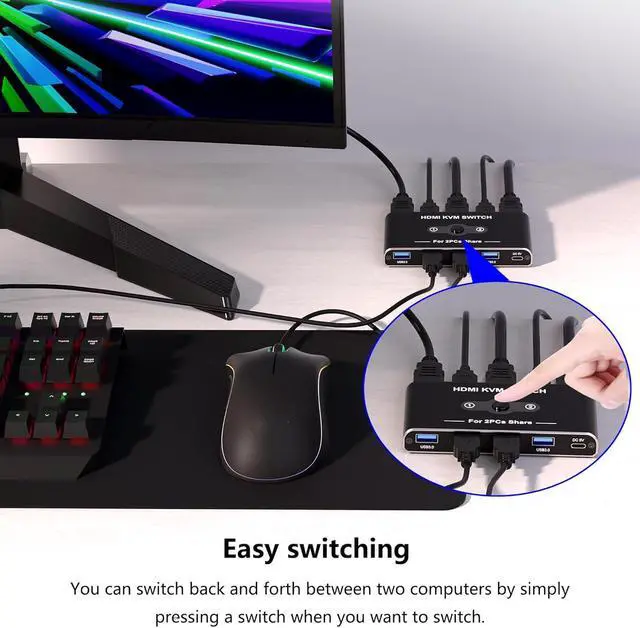 Alt view image 4 of 7 - IHDAPP 2 Port HDMI KVM Switch 4K@60Hz, KVM Switches with 4 USB 3.0 Data Ports, HDMI KVM Switch 2 PC 1 Monitor Share Mouse, Keyboard, Printer, Include 2 HD-MI cables, 2 USB-A cable, 1 USB-C Cable