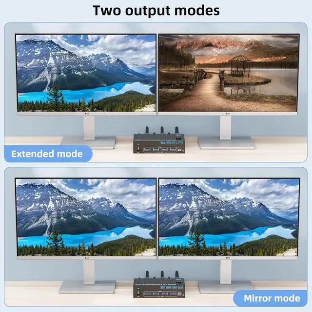 Alt view image 7 of 7 - IHDAPP 4K@144Hz KVM Switch 2 Monitors 2 Computers 8K@60Hz, HDMI and Displayport Dual Monitor KVM Switch with 4 USB 3.0 Port for Keyboard Mouse Printer,Wired Remote,Power Adapter and USB Cable Included
