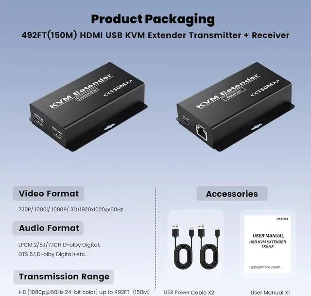 Alt view image 6 of 7 - IHDAPP 492FT HDMI KVM USB Extender Kit, 1080P HDMI Ethernet Extender Balun Transmitter Receiver Over Cat 5e/6/7 Cable with Loopout Function-USB Keyboard Mouse, 150M lossless Transmission KVM Extender