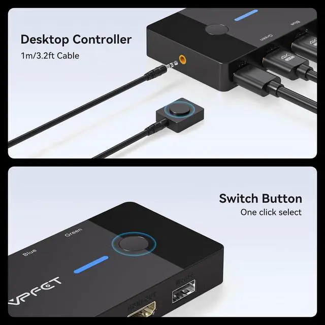 Alt view image 5 of 7 - IHDAPP 2 Port HDMI KVM Switch 1 Monitors 2 Computers, 4K@60Hz HDMI USB KVM Switches for 2 Computers Sharing One Monitor and Keyboard Mouse, with 2 USB 2.0 Cables and Desktop Controller