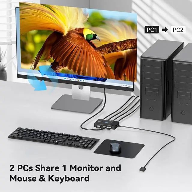 Alt view image 3 of 7 - IHDAPP 2 Port HDMI KVM Switch 1 Monitors 2 Computers, 4K@60Hz HDMI USB KVM Switches for 2 Computers Sharing One Monitor and Keyboard Mouse, with 2 USB 2.0 Cables and Desktop Controller