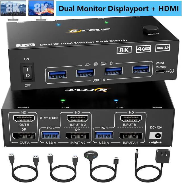 Main image of IHDAPP 2 Port HDMI + Displayport KVM Switch 2 Monitors 2 Computers, Dual Monitor USB 3.0 DP HDMI KVM Switcher with 4 USB 3.0 Ports Supports 8K@60Hz for 2 Computers Share Keyboard, Mouse and Monitor