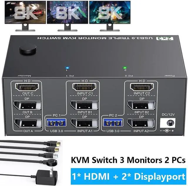 Main image of IHDAPP KVM Switch 3 Monitors 2 Computers 8K@60Hz 4K@144Hz, HDMI+2 Displayport Triple Monitor KVM Switch for 2 PC Share 3 Monitor and 4 USB 3.0 Port Keyboard Mouse, with Wired Remote and Power Adapter
