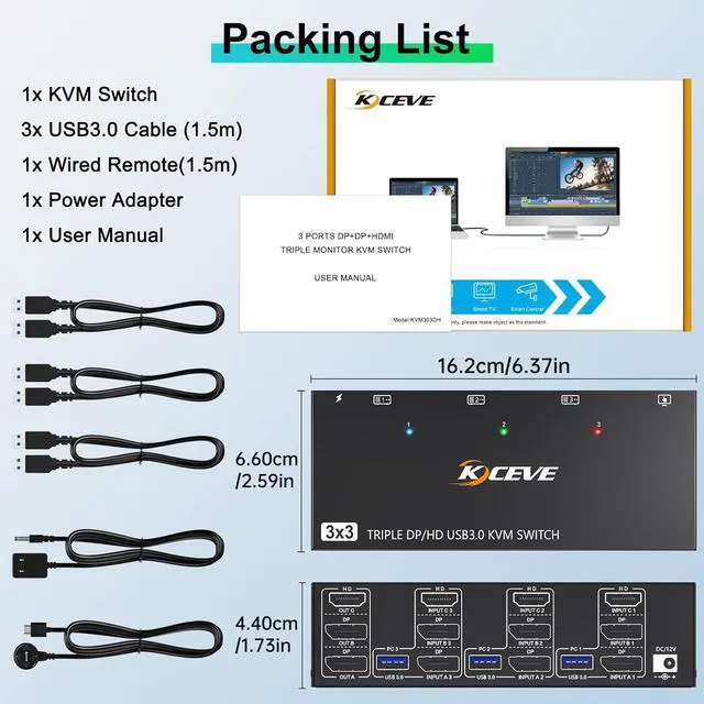 Alt view image 7 of 7 - IHDAPP KVM Switch 3 Monitors 3 Computers 8K@60Hz 4K@144Hz, 1 HDMI + 2 Displayport KVM Switch Triple Monitor for 3 Computer Share 3 Monitor and 4 USB 3.0 Devices,Wired Remote and Power Adapter Included