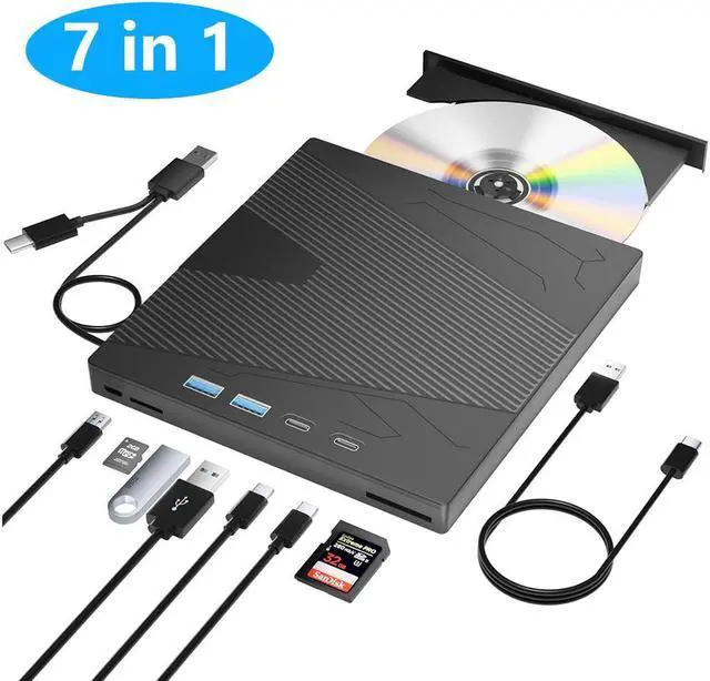 Main image of IHDAPP 7 in 1 External CD DVD Drive, USB Portable CD/DVD +/-RW Drive/DVD Player With SD Card Reader USB 3.0 USB C Hub CD ROM Burner Compatible With Laptop Desktop PC Windows 7/8/10//11/XP,Linux, MacOS
