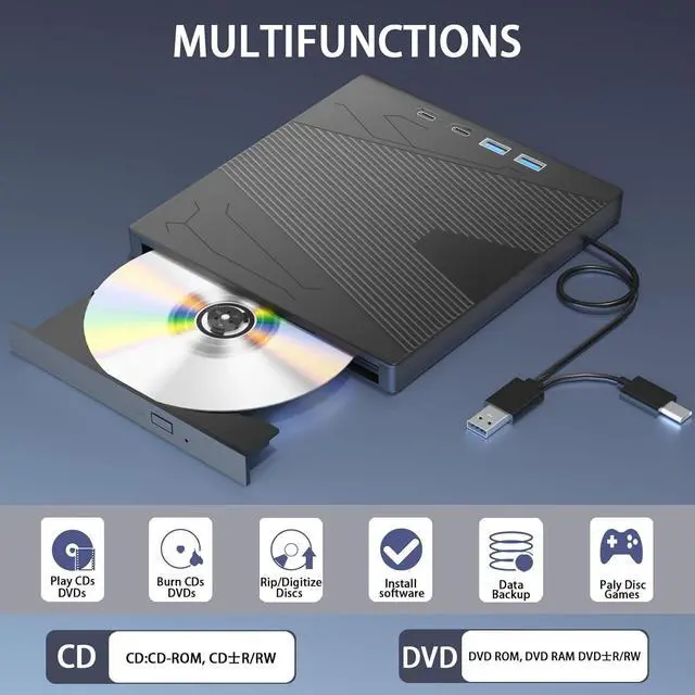 Alt view image 2 of 7 - IHDAPP 7 in 1 External CD DVD Drive, USB Portable CD/DVD +/-RW Drive/DVD Player With SD Card Reader USB 3.0 USB C Hub CD ROM Burner Compatible With Laptop Desktop PC Windows 7/8/10//11/XP,Linux, MacOS