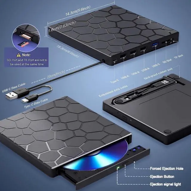 Alt view image 6 of 7 - IHDAPP External CD/DVD Drive, Portable DVD Player for Laptop, 8 in 1 USB 3.0 Type C CD/DVD-ROM +/-RW CD Burner with 4 USB A, 1 USB C, SD/TF Card reader, Compatible with Windows 11/10/8/7 Linux, Mac