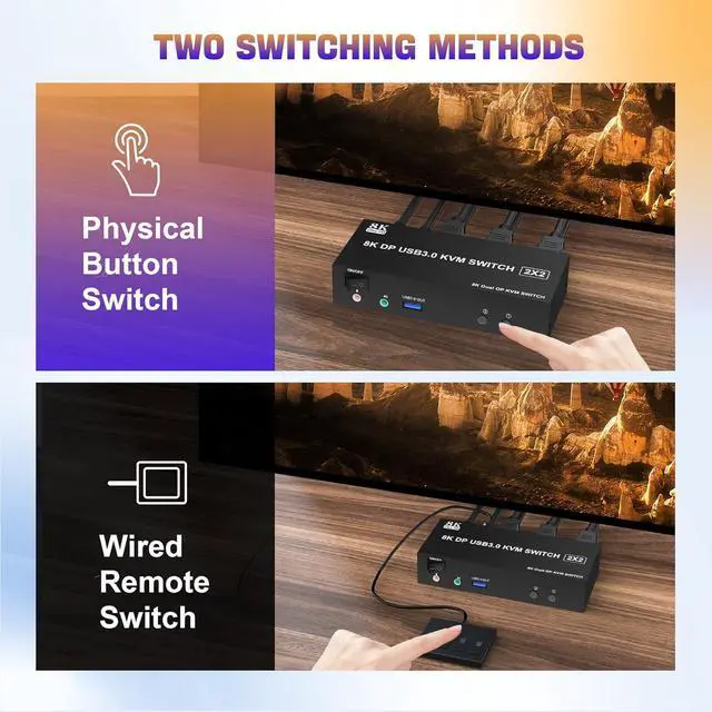 Alt view image 6 of 7 - IHDAPP USB 3.0 Displayport KVM Switch 8K@60Hz 2 Monitors 2 Computers, Dual Monitor DP 1.4 KVM Switch with Audio and Microphone Output and 3 USB 3.0 Ports, Wired Remote and 2 USB Cables Included