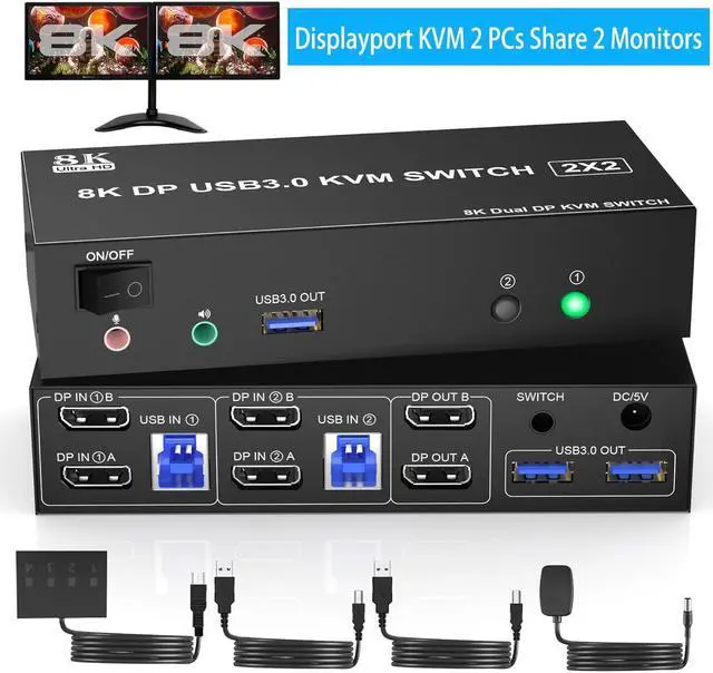 Main image of IHDAPP USB 3.0 Displayport KVM Switch 8K@60Hz 2 Monitors 2 Computers, Dual Monitor DP 1.4 KVM Switch with Audio and Microphone Output and 3 USB 3.0 Ports, Wired Remote and 2 USB Cables Included