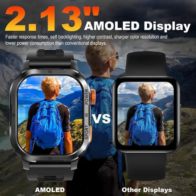 Alt view image 2 of 6 - IHDAPP Military Smart Watch for Men (Answer/Make Calls), 2.13" AMOLED Smart Watch for Android and iOS, 5ATM Waterproof Fitness Sport Watch with 123+ Sport Modes/SpO2/Heart Rate/Sleep Monitor (Black)