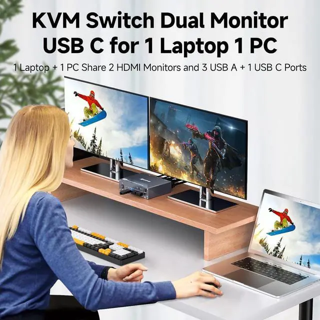 Alt view image 2 of 7 - IHDAPP USB C HDMI KVM Switch 2 PC 2 Monitors, KVM Switch Dual Monitor for Laptop & PC, USB 3.0 Type C MST Dual 4K @ 60Hz, Type-C 60W Charging for Laptop, HDMI KVM Switch USB C with Wired Remote